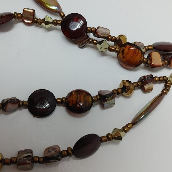 2/$30 Brown Glass Bronze Tone Pearls Necklace Beads Boho Retro Vintage doble 20" - Picture 8 of 8